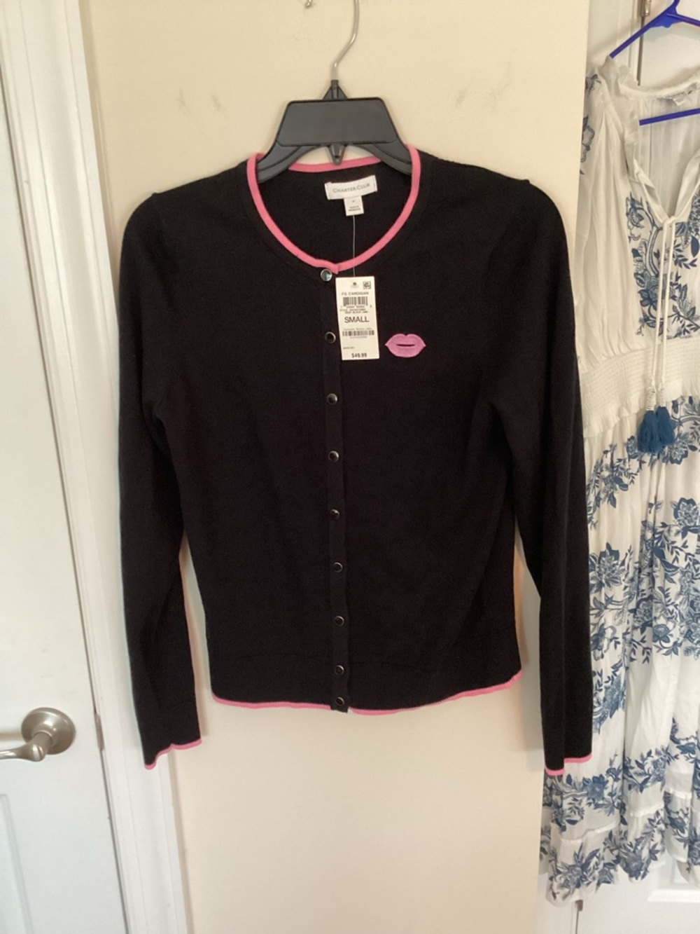 Charter Club Black Cardigan with Pink Trim and Lip Embroidery, small